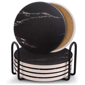 Wholesale 6 Pcs <strong>Cool</strong> Modern Drink Black Marble <strong>Coasters</strong> with Holder Hexagon Absorbent <strong>Coasters</strong> Set - Product Image 1