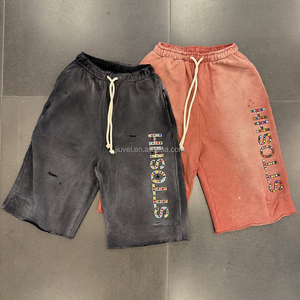 Shorts de survêtement streetwear pour homme, en coton épais, style vintage, délavé à l'acide, avec strass, design OEM - Product Image 1