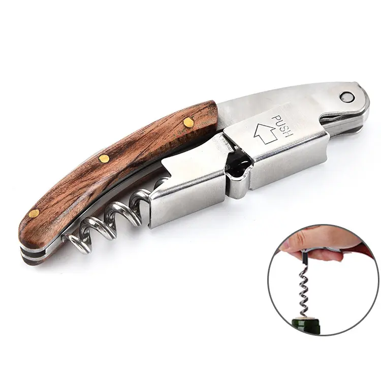 Multi-function Wine Bottle Opener With A Stainless Steel And Rosewood Handle ideal For Use In The Kitchen With Leather Cover