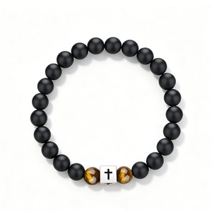 Pulsera de Ojo de Tigre Negro Esmerilado con Colgante de Cruz de Acero Inoxidable, Cordón Elástico, Joyería de Pascua, 25 Cuentas Redondas - Product Image 5