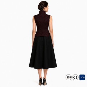 Conjunto <span class=keywords><strong>de</strong></span> Dos Piezas para <span class=keywords><strong>Mujer</strong></span>, Falda Línea A con Cuello Alto y Pliegues Dramáticos, Diseño Houndstooth <span class=keywords><strong>de</strong></span> 260GSM, Tallas XS-5XL, Formal, OEM - Product Image 3