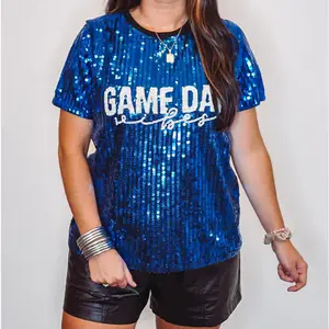 Womens Vibes Graphic Sparkles Pailletten T-Shirt Benutzer definierte Game Day Pailletten T-Shirt Kleid Game Day Pailletten T-Shirt Top