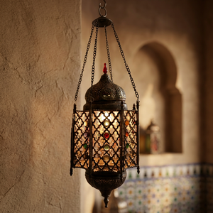 Zahereen BR64 Solid Brass <b>Net</b> Egyptian Handmade Jeweled Yellow LED Dimmable Energy Saving Hanging Lamp - Product Image 3