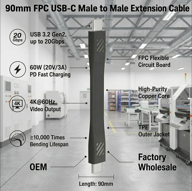 Factory OEM USB-C Male Extension Cable FPC Flat Design 115mm 4K Video Output 20Gbps Transfer TPE Jacket Custom Specification