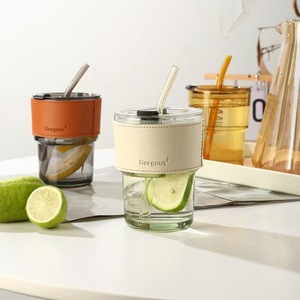 380ml 450ml tùy chỉnh đầy màu sắc rõ ràng hình tròn rơm cốc thủy tinh cà phê sữa thủy tinh cầm tay uống chai - Product Image 4