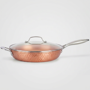 Copper Saute <b>Pan</b> With Glass Lid Stainless Steel <b>Handle</b> Handmade Minimalist Design For Kitchenware And Induction Cooker Use - Product Image 1