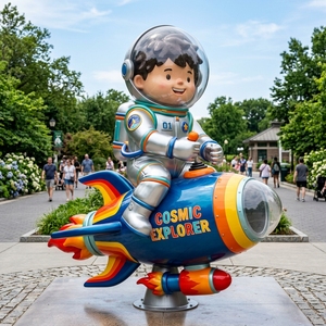 Sculpture grandeur nature d'un astronaute joyeux à bord d'une fusée, statue en FRP imperméable, figurine de dessin animé pour jardin, paysage, place publique - Product Image 1