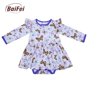 Wholesale Kids Clothes Bamboo Romper Newborn Baby Girl Ruffle Edge Long Sleeve Bodysuit Twirl Dress Custom Organic Cotton Onesie