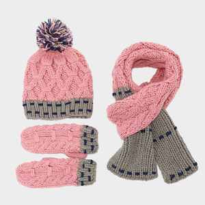 Conjunto de 3 Piezas de Moda Otoño Invierno: Gorro de Punto con Diseño de Burbujas en Dos Tonos, Manoplas y Bufanda, Cálido para el Invierno - Product Image 3