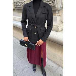 Blazer en daim vintage boutonné avec ceinture, noir, manches longues, veste d'automne pour femme, daim de vache - Product Image 6