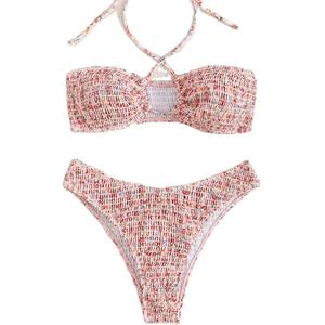 Conjunto de Bikini Brasileño con Estampado Floral para Mujer, Traje de Baño de Dos Piezas con Tirantes Ajustables, Sujetador Push-Up, Decoración de Perlas - Product Image 1