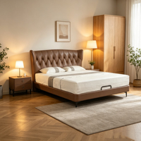 Lit en cuir de vachette de forme concave-convexe moderne avec surface ondulée, cadre de lit réglable, design écologique et durable