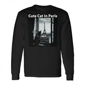 Camiseta de manga larga con diseño gráfico de gato lindo en París, color negro, para hombres, mujeres, unisex - Product Image 2