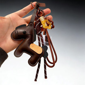 Vintage PU Leather Horse Keychain - Cute Bag Charm Pendant for Women, Luxury Designer Style Accessory with Woven Strap