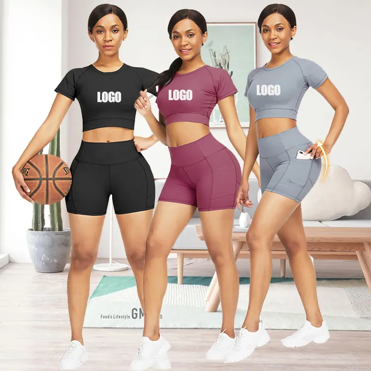 Ensemble de vêtements de Fitness pour femmes, 2 pièces, rehausseur de hanche, ensembles courts de Yoga, Logo personnalisé
