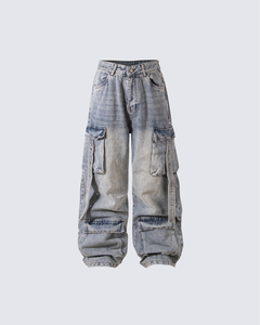 Pantalones Cargo de Mezclilla para Hombre, Cintura Alta, Lavados, Tejido Sólido, Pierna Ancha, Múltiples Bolsillos, Estilo Urbano - Product Image 1