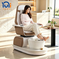 Fauteuil de pédicure électrique inclinable et rotatif en PU blanc et marron avec baignoire à pieds en céramique pour salon de beauté des ongles