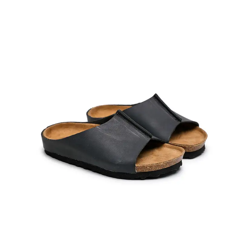 Wholesale leather boys girls flip flops children summer beach shoes open toe slides flat cork slippers for kids