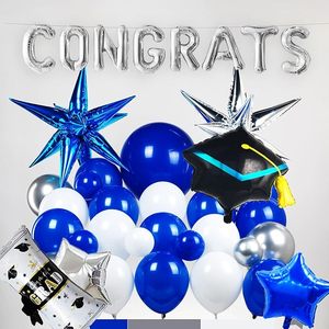 Guirnalda de Globos Azul Rey para Graduación 2026 con Gorros de Papel Metálico, Diplomas, Letras de Felicitación y Estrellas para Fiesta de Graduación 2026 - Product Image 3