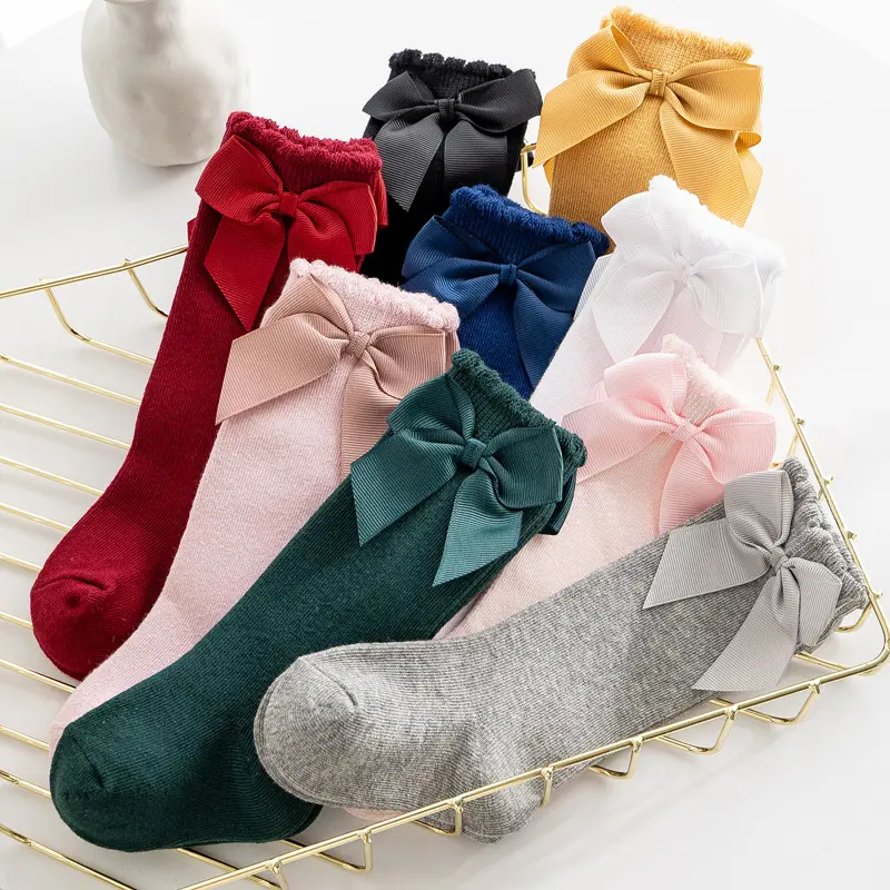 New Multi Colors Baby Toddlers Socks Autumn Winter Girls Knee High Long Sock Cotton Big Bow Spanish Style Kids Floor Socks