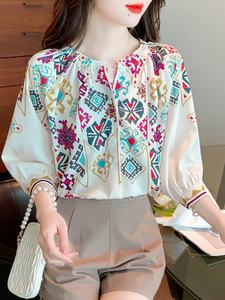 Boutique all'ingrosso 2024 estate nuovo stile elegante stile etnico stampato <span class=keywords><strong>camicie</strong></span> da <span class=keywords><strong>donna</strong></span> a maniche medie - Product Image 5