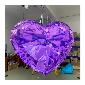 Şişme elmas şişme mor kristal kalp modeli Led ışık kalp balon için tavan dekorasyonu