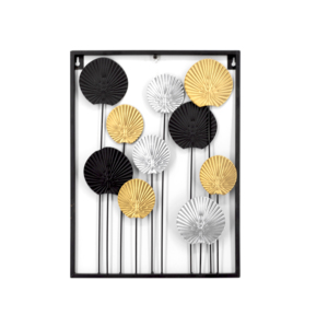 Arte Murale in Metallo Astratta Moderna, Decorazione Geometrica Floreale in Nero, Oro e Argento, Scultura da Parete Incorniciata per Soggiorno e Hotel - Product Image 1