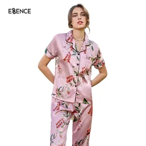 OEM Sleepwear Ladies Women Floral Print Silk Pyjamas Satin PJ Set