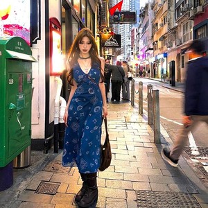 Retro French Style Deep V <b>Neck</b> Sleeveless Dress Blue Printed A Line Long Skirt Women Summer Casual Wear - Product Image 3