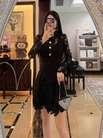 Robe Courte Noire Sexy en Dentelle Évidée avec Boutons Floraux, Manches Longues, Col Rabattu, Amincissante, pour Femme, Tenue Quotidienne Décontractée