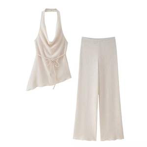 Nouvel ensemble 2 pièces pour femme : haut asymétrique à col suspendu en polyester respirant et pantalon fluide, idéal pour l'été - Product Image 3