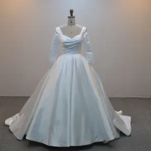 Ball Gowns Wedding 2023 Bridal Factory Ivory Satin Fancy Sweetheart Plain Long Sleeve Bridal Dress with Pleats