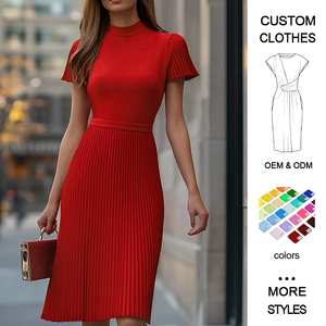 Abito Estivo da Donna Stile Francese, Maniche Corte, Vita Alta, Vintage Rosso, Silhouette Dritta, Casual in Maglia Plissettata - Product Image 4