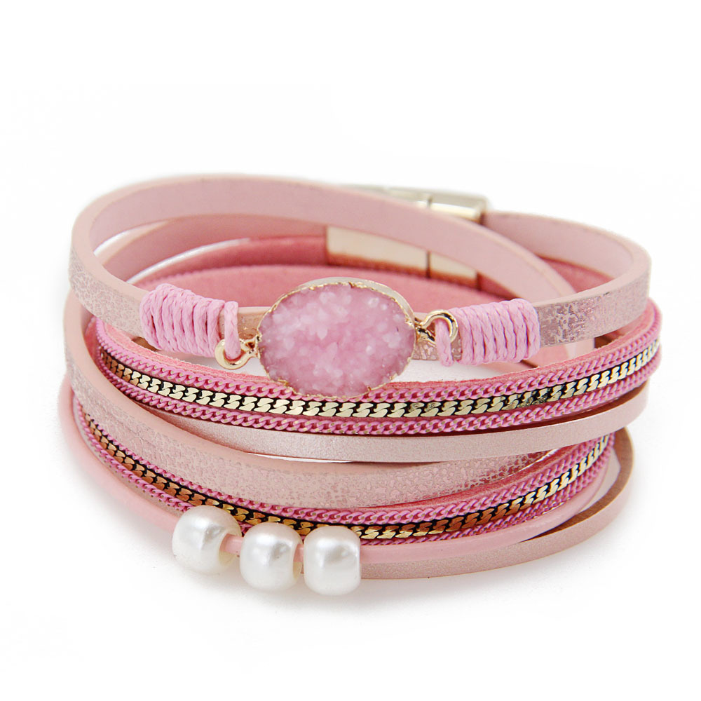FANCY SHINY Braccialetto Avvolgente In Pelle Bohémien Con Perline Di Cristallo E Resina - Chiusura Magnetica, Multistrato, Lunghezza 19 Cm, Regalo Per Donna