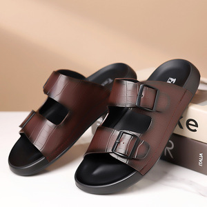 Sandalias de verano versátiles de cuero genuino con una sola correa para hombre, antideslizantes, casuales, para exteriores, playa, pantuflas para hombre - Product Image 4