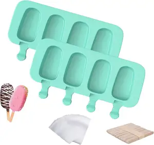 Moules à Popsicle Moule à Gâteau en Silicone 4 Cavités Moules à Glace Faits Maison Ovale avec 50 Bâtons en Bois et 50 Sacs à Colis