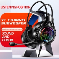 Q7 Headset komputer berkabel profesional, Headphone game dengan MIK suara HD Bass Stereo warna-warni lampu atas USB