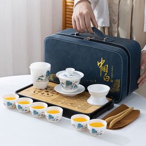 High-Grade Sheep Fat Jade White Porcelain Gongfu <b>Tea</b> Set Travel Home Gift <b>Box</b> Gaiwan Teacup Souvenir Gift Set - Product Image 4