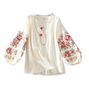2021 blusas de damas blous long sleeve cotton linen embroidery blouse ladies' blouses & tops