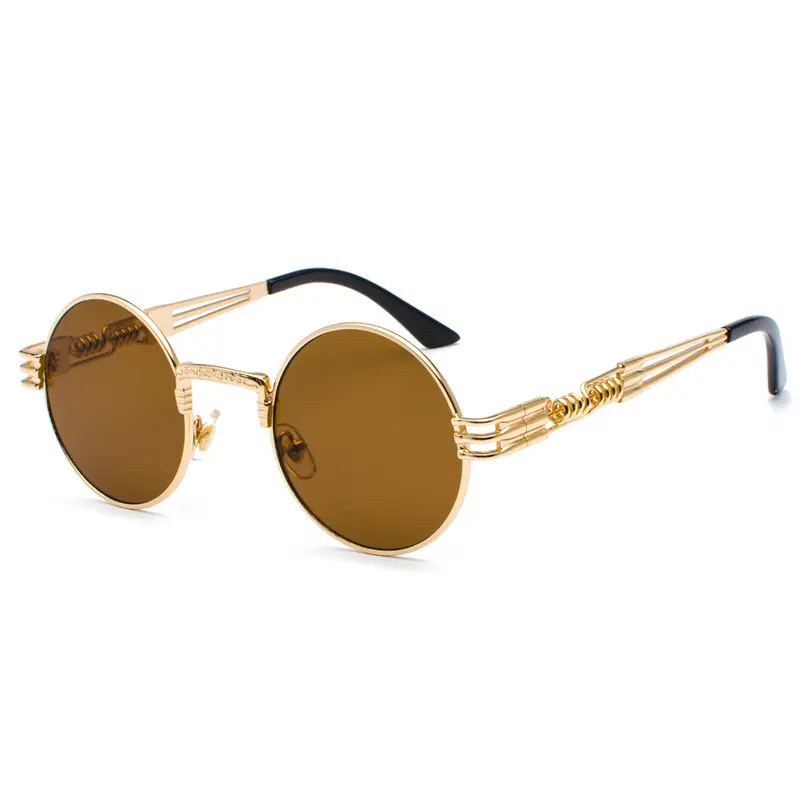 Retro steampunk mirror gold and black UV400 sun glasses round mens vintage sunglasses