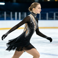 Robe de patinage sur glace noire scintillante avec strass, manches longues transparentes, pour enfants et adultes, compétition et spectacle