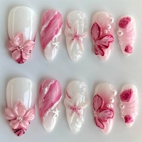 Nouvelles Faux Ongles à Presser Peints à la Main Motif Floral Printemps, Ongles Personnalisés 3D Fleurs & Feuilles, Vente Chaude, Réutilisables