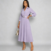 Robe chemise plissée grande taille à manches longues avec ceinture, coupe trapèze mi-longue, couleur unie, pour le bureau ou les soirées