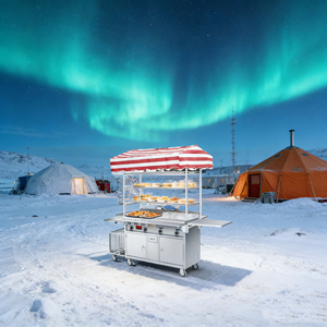 4 Wheel Mobile Stainless Steel Snack <b>Food</b> Cart Convertible Rust Resistant Built-In <b>Heater</b> Grill Easy Assembly for Outdoor Use - Product Image 1