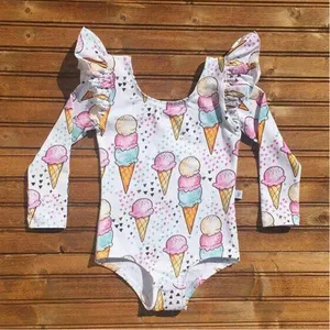MLY OEM ODM时尚可爱长袖褶边一体式女童泳衣儿童设计师游泳衣