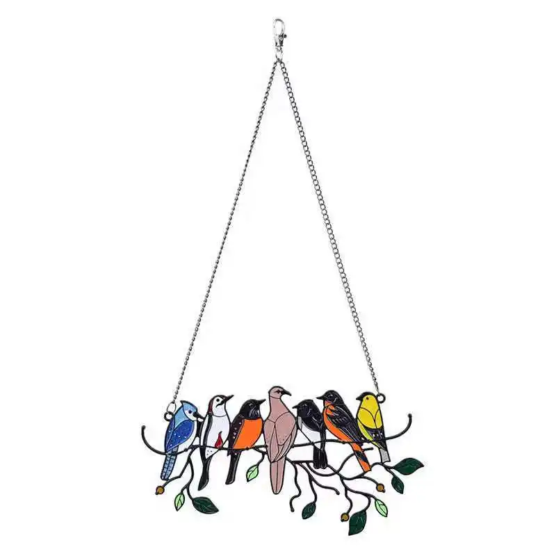 Multicolor Birds on a Wire Stained Glass Window Hangings Personality Bird Suncatcher for Doors Room Home Decoration Hummingbird