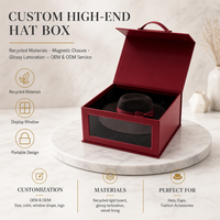 Boîte à chapeau en carton rigide haut de gamme personnalisée, matériaux recyclés, fermeture magnétique, fenêtre, lamination brillante, design portable et nouveau