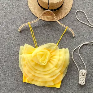 OEM & ODM服装女性纯色紧身性感短款3D花朵小露背上衣未定义