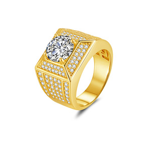 Men's 22K <b>Gold</b> Plated Moissanite <b>Cocktail</b> <b>Ring</b> Round Brilliant Cut Pave Setting Geometric Hiphop Style Everyday Wear - Product Image 1