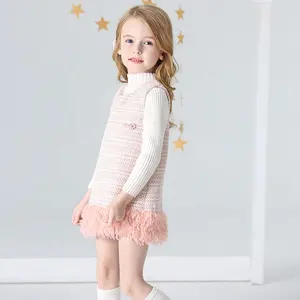 2023 Nieuwe Collectie Top Mode Meisjes Winter Tweed Gevederde Elegante Roze Mouwloze Baby Meisje Prinsessenjurk